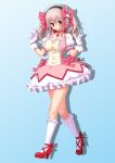  bad_id blush bow breasts choker cosplay frills gloves hair_bow headphones high_heels kaname_madoka kaname_madoka_(cosplay) kurama_botan large_breasts magical_girl mahou_shoujo_madoka_magica nitroplus pink_eyes pink_hair shoes simple_background skirt smile solo sonico soniko super_sonico twintails walking 
