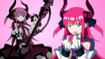  2girls blue_eyes detached_sleeves dress dual_persona fate/extra_ccc fate_(series) horns lancer_(fate/extra_ccc) long_hair magi_the_labyrinth_of_magic multiple_girls parody pink_hair pointy_ears projected_inset style_parody tail two_side_up yakitori_(oni) 