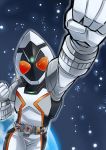  clenched_hands fist foreshortening henshin kamen_rider kamen_rider_fourze kamen_rider_fourze_(series) glasses_man outstretched_arm raised_fist space 