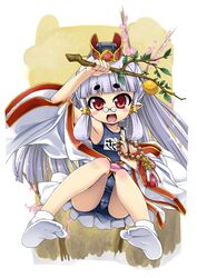  albino blush branch child crown elf_ears food footwear fruit glasses grey_hair hotori_(artist) hotori_(sion) lemon long_hair glasses one-piece_swimsuit payot persimmon pince-nez pointy_ears prayer_beads red_eyes saji_aki sangokushi_taisen school_swimsuit silver_hair sitting socks solo swimsuit swimsuit_under_clothes tabi twintails white_hair 