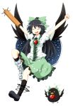  \o/ ^_^ arm_cannon arms_up bird black_hair bow cape closed_eyes eyes_closed hair_bow mismatched_footwear open_mouth outstretched_arms red_eyes reiuji_utsuho reiuji_utsuho_(bird) skirt solo third_eye tksymkw touhou transparent_background tsurukou_(tksymkw) weapon wings 