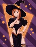  bleach breast dress hairpins inoue_orihime jewelry long_hair orange_hair pantyhose smile smirk solo violet_eyes witch witch_hat 