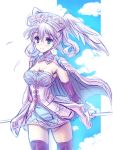  arms_behind_back black_legwear blush breasts cape cleavage curly_hair elbow_gloves gloves green_eyes head_wings lavender_hair looking_at_viewer melia short_hair sketch skirt smile solo thigh-highs thighhighs xenoblade zettai_ryouiki 