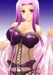 bare_shoulders blush bra breast breasts bustier cleavage fate/hollow_ataraxia fate/stay_night fate_(series) highres kizaki_yuuri large_breasts lingerie long_hair panties purple_hair red_eyes rider solo underwear 