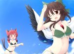  ahoge akagaminanoka animal_ears arms_up bikini black_wings blue_sky blush bow brown_eyes brown_hair cat_ears cat_tail fang fuuen_(akagaminanoka) hair_bow kaenbyou_rin multiple_girls multiple_tails open_mouth red_eyes red_hair redhead reiuji_utsuho side-tie_bikini sky splash splashing swimsuit tail third_eye touhou twintails untied wardrobe_malfunction wings wink 