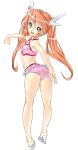  aqua_eyes ass bikini blue_eyes brown_hair dodai_shouji from_behind head_wings high_heels highres long_hair looking_at_viewer looking_back mascot mikan_(pc_angel_neo) open_shoes open_toe_shoes orange_hair pc_angel pc_angel_neo pc_engine_neo personification pink_bikini shiny shiny_clothes shiny_skin shoes sho~taro smile solo swimsuit twintails white_background 