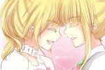  1girl androgynous blonde_hair choker closed_eyes fang forehead-to-forehead heart kurahika ponytail profile siblings smile translated umineko_no_naku_koro_ni ushiromiya_jessica ushiromiya_lion 