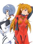  ann_yosh arm_up arms_up ayanami_rei blue_eyes blue_hair evangelion:_2.0_you_can_(not)_advance evangelion:_3.0_you_can_(not)_redo eyepatch hair_ornament hair_over_one_eye highres long_hair multiple_girls neon_genesis_evangelion orange_hair plugsuit rebuild_of_evangelion red_eyes shikinami_asuka_langley short_hair soryu_asuka_langley souryuu_asuka_langley twintails 