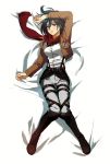  1girl belt black_eyes black_hair boots breasts buckle dakimakura izuo jacket lying mikasa_ackerman pants scarf shingeki_no_kyojin short_hair solo thigh_strap 