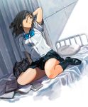  bag bed blue_eyes brown_hair fujita_(condor) highres on_bed original pillow school_bag school_uniform sitting solo wariza 