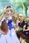  absurdres blonde_hair blue_eyes blush breasts casual cecilia_alcott charlotte_dunois cleavage dress drill_hair food foreshortening forest hairband highres ice_cream ice_cream_cone infinite_stratos jacket kawasaki_aika licking long_hair megami multiple_girls nature official_art open_mouth plaid plaid_skirt pleated_skirt ponytail purple_eyes shirt short_hair skirt tongue tree tree_shade violet_eyes 