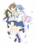  aioi_yuuko blue_eyes blue_hair brown_eyes brown_hair glasses hair_cubes hair_ornament heart hug long_hair looking_at_viewer midriff minakami_mai multiple_girls naganohara_mio navel necktie nichijou notebook open_mouth pencil school_uniform shirt_lift short_hair short_twintails skirt standing star tsuruki_noki twintails v 