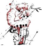  arrow bad_id bow_(weapon) chain chains gloves gokinyan gun highres kaname_madoka kriemhild_gretchen leg_lift magical_girl mahou_shoujo_madoka_magica pink_hair planted_arrow planted_sword planted_weapon polearm red_eyes short_hair short_twintails single_wing skirt smile solo spear standing_on_one_leg sword twintails weapon wings 