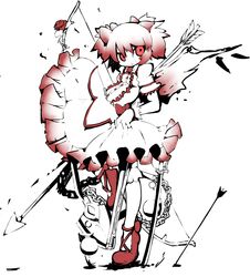  arrow bad_id bow_(weapon) chain chains gloves gokinyan gun highres kaname_madoka kriemhild_gretchen leg_lift magical_girl mahou_shoujo_madoka_magica pink_hair planted_arrow planted_sword planted_weapon polearm red_eyes short_hair short_twintails single_wing skirt smile solo spear standing_on_one_leg sword twintails weapon wings 