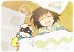  blanket brown_hair character_doll child fang hoodie jacket kaburagi_t_kotetsu kayake legend_(tiger_&amp;_bunny) male open_mouth sleeping solo speech_bubble tiger_&amp;_bunny young 