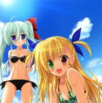  :d absurdres ahoge arms_behind_back bare_shoulders bikini blonde_hair blue_eyes blush cloud einhart_stratos endori front-tie_top green_eyes green_hair hair_ribbon heterochromia highres long_hair lyrical_nanoha mahou_shoujo_lyrical_nanoha mahou_shoujo_lyrical_nanoha_vivid multiple_girls open_mouth purple_eyes red_eyes ribbon short_twintails side-tie_bikini sky smile sun swimsuit twintails violet_eyes vivio 