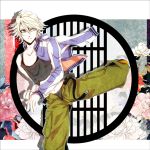  blonde_hair ivan_karelin jacket kicking letterman_jacket male off_shoulder purple_eyes purple_jacket short_hair solo tank_top tiger_&amp;_bunny ventunesimo violet_eyes 