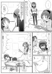  bow casual chopsticks cleaning comic drink eating food glass hair_bow hairband highres hoodie kyubey long_hair mahou_shoujo_madoka_magica mess messy mn0083 monochrome namacha noodles pantyhose pitcher polearm ponytail ramen sakura_kyouko school_uniform shorts spear spill table translated translation_request tray weapon 