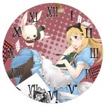  alice_in_wonderland apron black_legwear blonde_hair blue_dress blue_eyes book clock dress hair_ribbon long_hair monocle pantyhose pocket_watch ribbon watch white_rabbit yxyunxy 