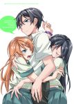  2girls aragaki_ayase bad_id black_hair blue_eyes girl_sandwich green_eyes hug human_sandwich kousaka_kirino kousaka_kyousuke long_hair multiple_girls orange_hair ore_no_imouto_ga_konna_ni_kawaii_wake_ga_nai riku_yama school_uniform serafuku 