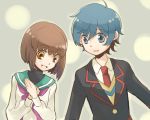  blue_hair brown_eyes brown_hair hands_clasped hands_on_chest hands_on_own_chest mawaru_penguindrum oginome_ringo school_uniform short_hair smile takakura_shouma takeshiko 