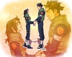  1girl arabagi bandage bandages black_hair cigarette couple eye_contact flak_jacket forehead_protector hand_holding holding_hands holster looking_at_another naruto sarutobi_asuma thigh_holster yuuhi_kurenai 