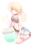  bad_id ball beachball bikini black_bikini blonde_hair blush earrings fish green_eyes hair_ribbon jewelry kokotetsu mizuhashi_parsee navel pointy_ears ribbon short_hair sitting solo swimsuit touhou tuna wariza wristband 