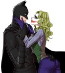  1boy 1girl artist_request ass batman batman_(series) breasts bruce_wayne cape dc_comics eyeshadow genderswap glasgow_smile hand_on_another&#039;s_cheek hand_on_another&#039;s_face hand_on_ass hand_on_cheek hug knife lipstick makeup the_dark_knight the_joker waistcoat 