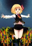  ascot blonde_hair child dress dress_shirt fang hair_ribbon highres kawazuishi midriff navel no_panties open_mouth outstretched_arms red_eyes ribbon rumia shirt short_hair skirt solo spread_arms the_embodiment_of_scarlet_devil touhou vest youkai 
