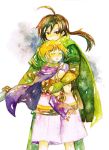  ami blonde_hair brown_eyes brown_hair cape closed_eyes eyes_closed garcia_(golden_sun) gloves golden_sun highres hime_cut hug hug_from_behind long_hair open_mouth ponytail shiba_(golden_sun) short_hair sword traditional_media watercolor_(medium) weapon 