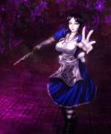  alice alice:_madness_returns alice_(wonderland) alice_in_wonderland american_mcgee&#039;s_alice american_mcgee's_alice apron black_hair blood breasts brown_hair dress green_eyes jewelry knife large_breasts lips long_hair necklace okai smile weapon 