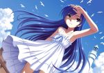  arm_up armpits bare_shoulders bird blue_hair brown_eyes cloud collarbone dress highres idolmaster kisaragi_chihaya lighthouse long_hair nokia_(harusion) shading_eyes sky solo sundress 