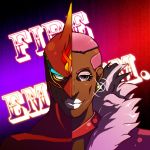  dark_skin dual_persona earrings fire_emblem_(tiger_&amp;_bunny) fur_trim jewelry lipstick makeup male mask nakkushi nathan_seymour pink_eyes pink_hair short_hair solo spandex superhero tiger_&amp;_bunny 