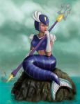  capcom elbow_gloves florie_ink gloves helmet lips lipstick makeup mermaid midriff monster_girl polearm realistic rockman rockman_(classic) rockman_(original) rockman_9 spear splash_woman trident weapon 