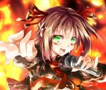  amami_haruka brown_hair dark_haruka fingernails fire foreshortening green_eyes hair_ribbon idolmaster matsuno_canel microphone necktie open_mouth outstretched_hand pinky_out ribbon solo sweat 