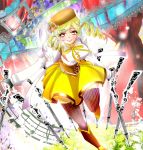  blonde_hair boots drill_hair fingerless_gloves gloves gun hat kajiru100 magical_girl mahou_shoujo_madoka_magica orange_eyes rifle solo striped striped_legwear tomoe_mami twin_drills weapon 