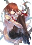  2d black_legwear blue_eyes boots brown_hair jacket leg_hug legs legwear_under_shorts long_hair makise_kurisu necktie pantyhose shorts smile solo steins;gate very_long_hair 