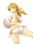  ball beachball bikini blonde_hair drill_hair kyubey looking_back mahou_shoujo_madoka_magica short_hair simple_background solo swimsuit tomoe_mami twin_drills yellow_eyes youkann00 