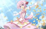  animal_ears arm_gloves armpits bare_shoulders clouds dog_days dog_ears dog_tail dress francis_(ohne) gloves hair_ribbon highres millhiore_f_biscotti open_mouth pink_hair purple_eyes short_hair sky smile solo tail violet_eyes white_gloves 