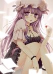  bespectacled blush bolo_tie bracelet breasts brown_eyes cherry cleavage cpu_(artist) crescent food fruit glasses hat holding holding_fruit jewelry long_hair looking_at_viewer panties pantyshot pantyshot_(sitting) pantyshot_sitting patchouli_knowledge purple_hair red_eyes sitting solo touhou underwear 