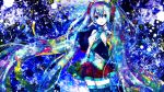 abstract aqua_hair bad_id blue_eyes detached_sleeves hand_on_headphones hatsune_miku headphones long_hair necktie open_mouth sazanami_shione skirt solo thigh-highs thighhighs twintails very_long_hair vocaloid 