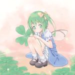  ascot bloomers bobby_socks bow chika_(orange_pop) clover daiyousei dress footwear four-leaf_clover green_eyes green_hair hair_bow highres mary_janes no_nose shoes side_ponytail sitting smile socks solo squatting touhou white_legwear wings 