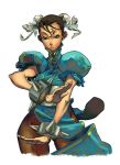  bracelet brown_hair bun_cover capcom china_dress chinese_clothes chun-li darkos double_bun fighting_stance jewelry lips pantyhose sash short_hair solo spiked_bracelet spikes street_fighter 