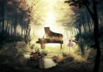  blonde_hair chair dancing dress forest instrument long_hair nature original overgrown piano siro solo sunlight water 