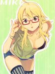  1girl ahoge belt blonde_hair bra bracelet breasts character_name cleavage glasses green_eyes hiiro_5-sai hoshii_miki idolmaster idolmaster_2 jewelry leaning_forward long_hair looking_at_viewer off_shoulder parted_lips short_shorts shorts solo striped striped_legwear thighhighs underwear 