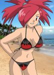  alone alternate_costume asuna_(pokemon) beach belly belly_button bent_over bikini fire flames flannery hair_ornament hot midriff navel ocean pokemon redhead sand smiling 