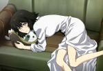  absurdres blush couch doll doll_hug green_eyes highres labcoat lying nyantype official_art on_side shiina_mayuri short_hair sleeves_rolled_up smile solo steins;gate stuffed_animal stuffed_toy 