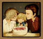 age_difference barnaby_brooks_jr barnaby_brooks_sr birthday birthday_cake blonde_hair brown_hair cake candle child closed_eyes emily_brooks eyes_closed family father_and_son food glasses male mother_and_son sekiyamiya short_hair tiger_&amp;_bunny toy young 
