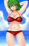  armpits arms_up bad_id bare_shoulders bikini blush breasts cleavage collarbone green_hair kazami_yuuka large_breasts mound_of_venus navel open_mouth red_eyes short_hair side-tie_bikini smile solo swimsuit touhou unadare youkai 