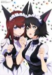  absurdres animal_ears blue_eyes brown_hair cat_pose green_eyes hand_holding headdress highres holding_hands long_hair maid_headdress makise_kurisu megami multiple_girls official_art paw_pose sakai_kyuuta shiina_mayuri short_hair steins;gate tongue waitress wrist_cuffs 